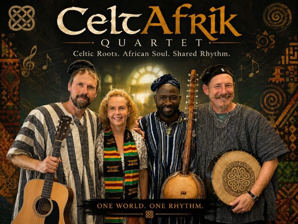 CeltAfrik Quartet: four musicians with guitar, kora and bodhrán