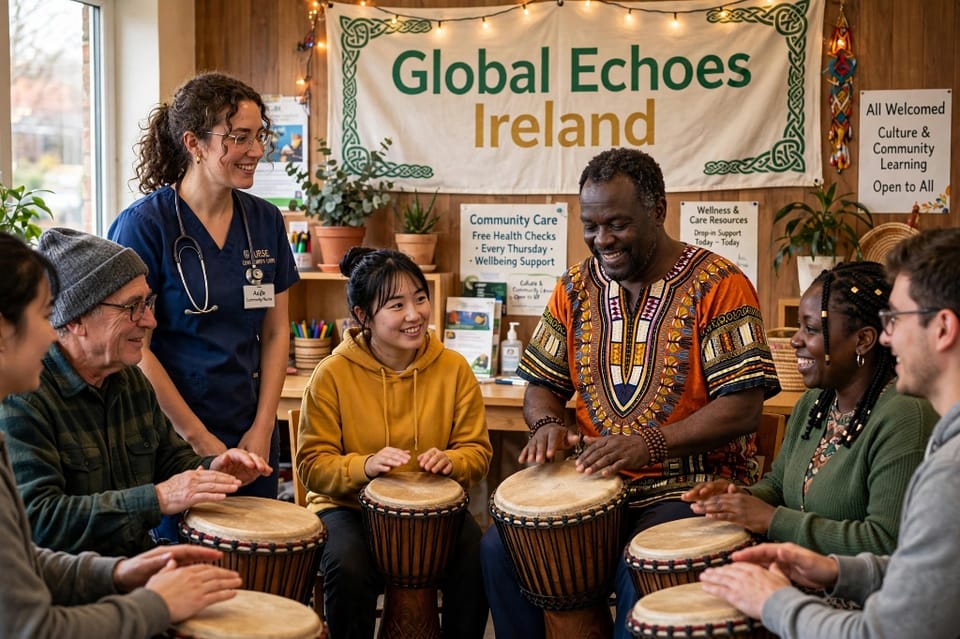 Diverse group playing djembe drums together at a Global Echoes Ireland community session