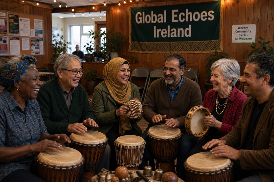 Group of people smiling and playing djembe drums together in a community hall