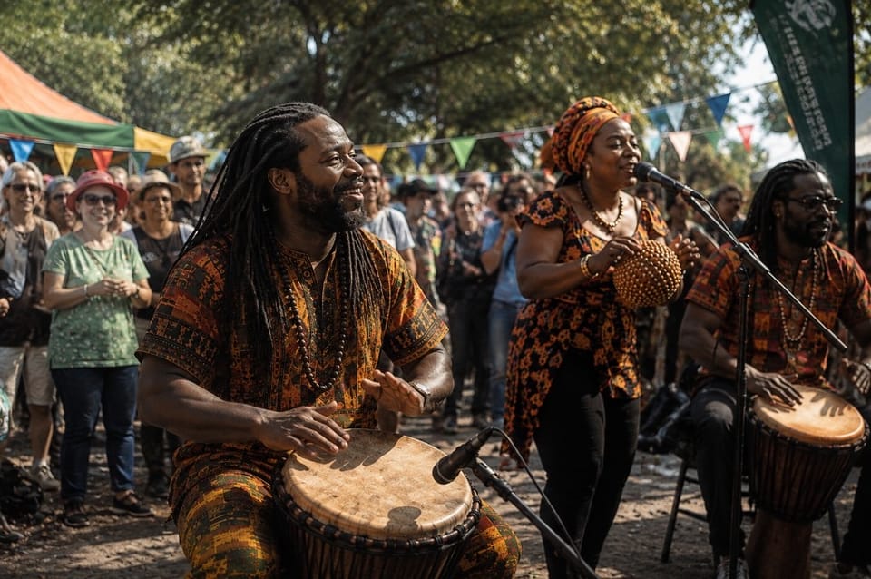Outdoor festival performance with djembe and audience