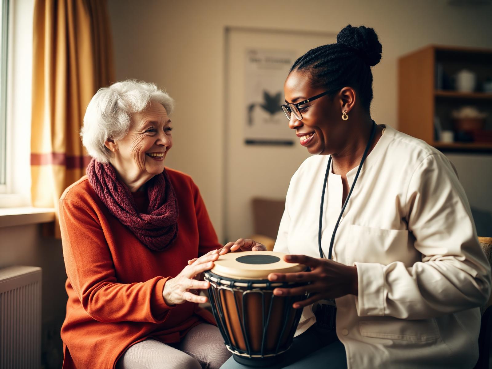 A care home resident smiling while a practitioner guides her hands on a djembe drum