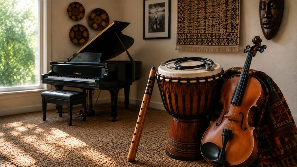 Sunlit room with a Yamaha piano, djembe with a stethoscope, wooden flute and violin