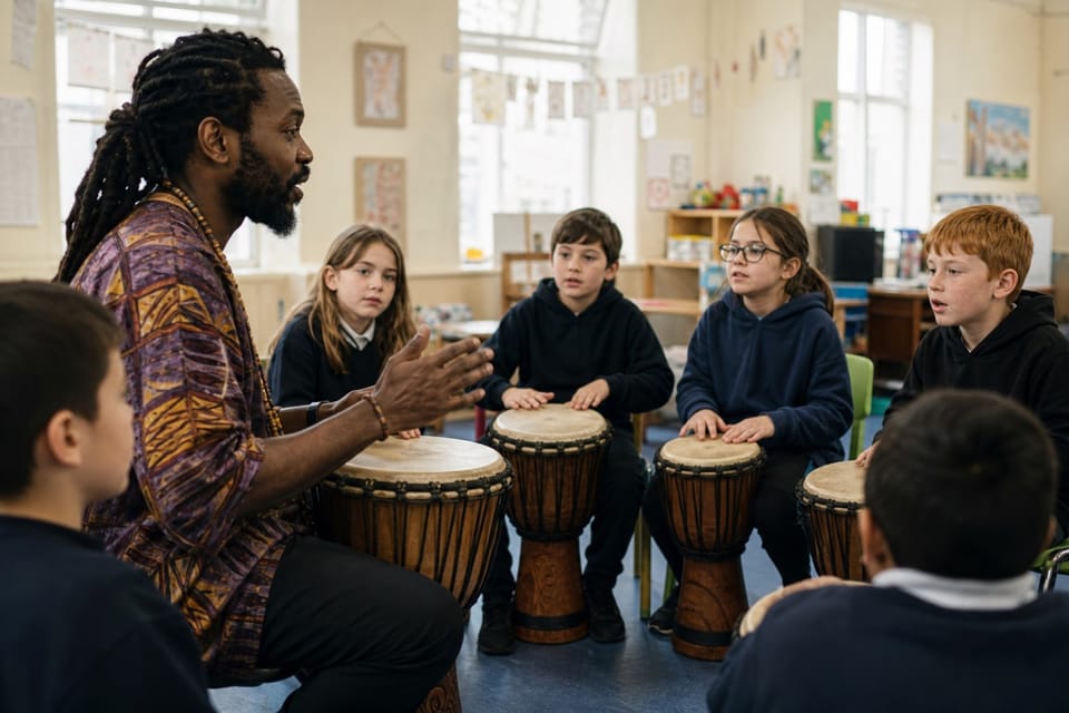 School percussion workshop with facilitator and pupils around djembes
